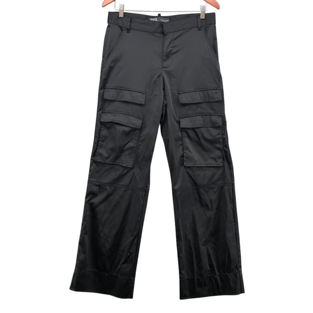 Zara Cargo Pants Womens Medium Black Satin Utility Multi-Pocket Straight Leg